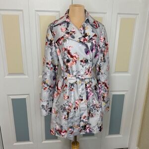 Guess Womens Silver Gray Floral Double Breasted Trench Coat Belted Grey Pink S